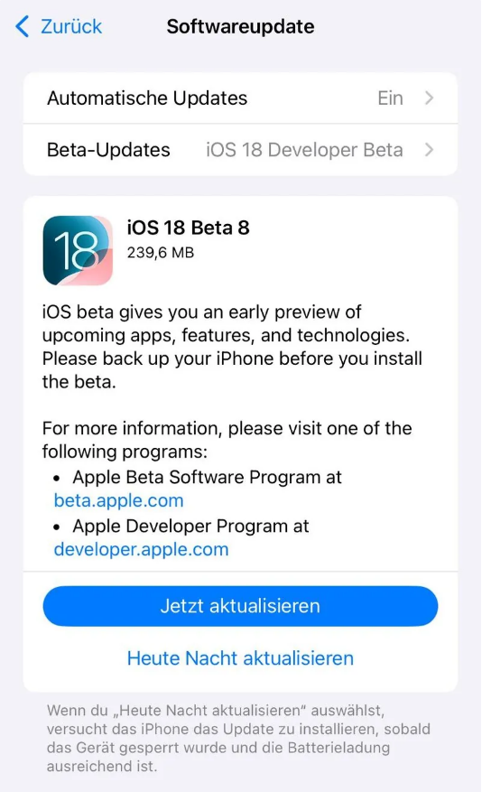 策勒苹果手机维修分享苹果 iOS / iPadOS 18 开发者预览版 Beta 8 发布 